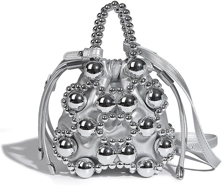 Women Beaded Evening Clutch Bag Weave Acrylic Handbag Purse Crossbody Reticulated Bag with Inner Bag for Wedding Party
