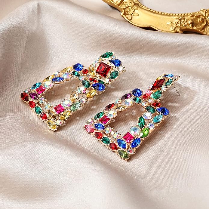 Rhinestone Rectangle Dangle Statement Earrings Trendy Crystal Geometric Drop Earrings hypoallergenic for Women