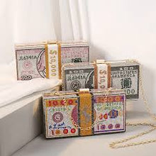 Load image into Gallery viewer, Dollar Dolla Bill Money Clutch Rhinestone Purse 10000 Dollars Stack of Cash Evening Handbags Shoulder Wedding Dinner

