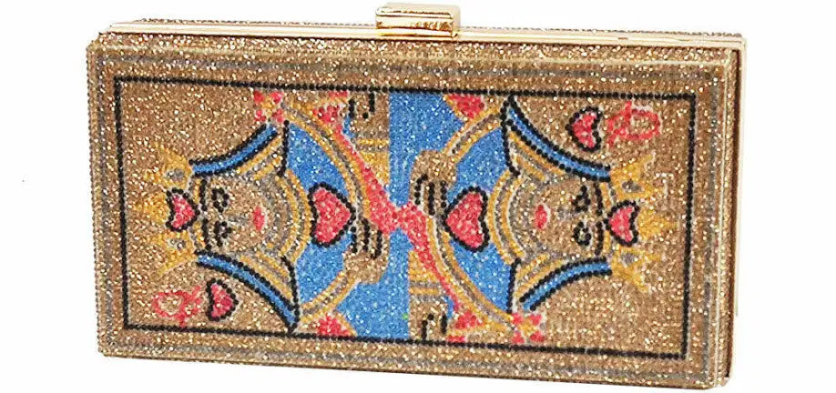 LUXE BLING QUEEN OF HEARTS GOLD RHINESTONE EVENING CLUTCH CASE BAG