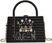 Load image into Gallery viewer, Pearl Decor Queen Graphic Letter Box Handbag Black
