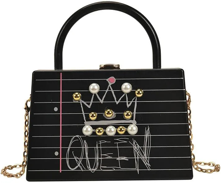 Pearl Decor Queen Graphic Letter Box Handbag Black