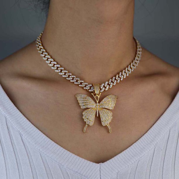 Babe Cuban Butterfly Gold Rhinestone Chain
